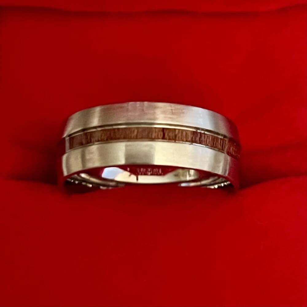 Tungsten Koa Wood Inlay Titanium Steel Silver Polished Finish 6mm Band Size 12